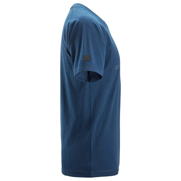 Blue Snickers logo T-shirt shown from the side with a small sleeve patch visible.