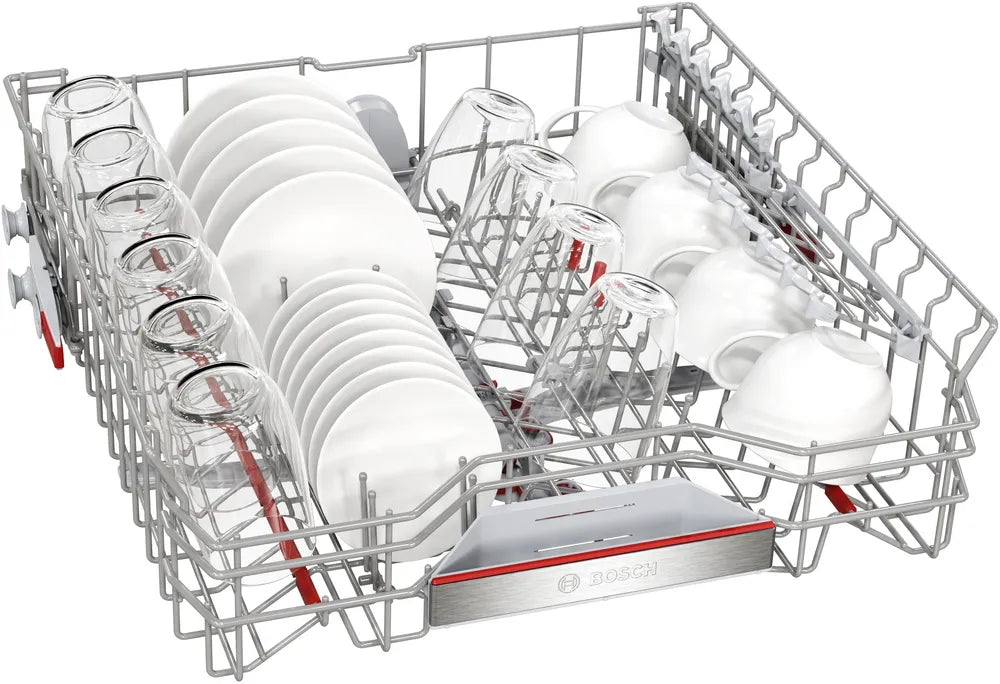 Top rack of Bosch Series 6 dishwasher loaded with glasses, plates, and bowls in a brushed steel frame.