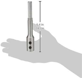 DeWalt Self Feed Extension Piece 140mm shown resting on a hand silhouette with length measurement.