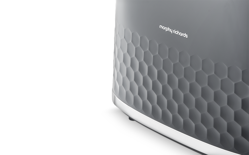 Close-up of the grey Morphy Richards 2 Slice Hive Toaster showing honeycomb texture and logo.
