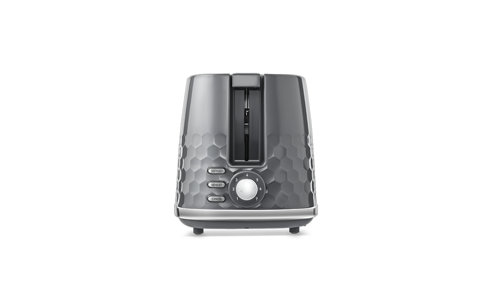 Morphy Richards 2 Slice Hive Toaster in grey with honeycomb texture, control dial, and three function buttons.