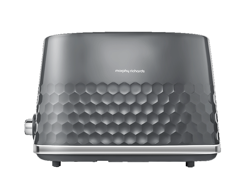 Grey Morphy Richards Hive 2 Slice Toaster with honeycomb textured sides and a silver base trim.