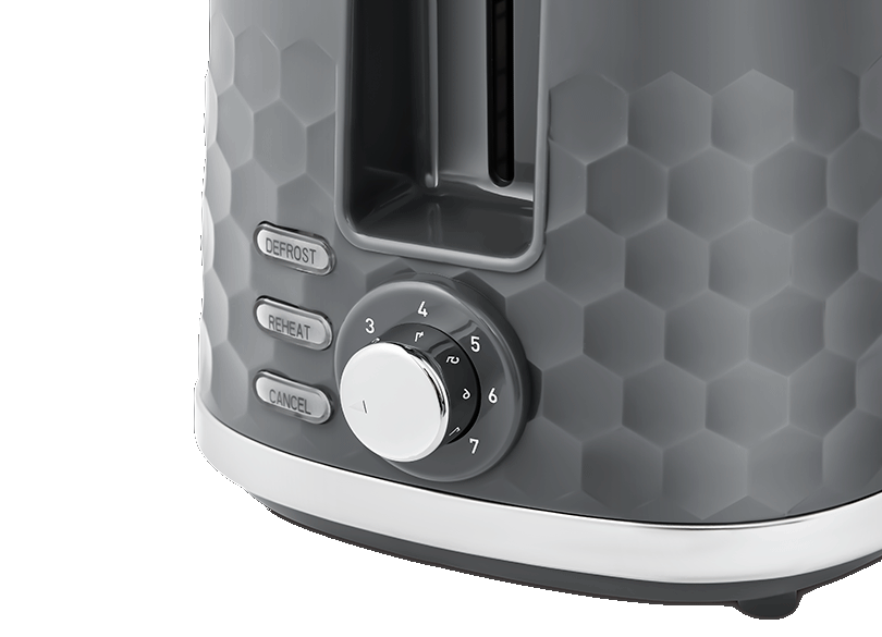 Close-up of the grey Morphy Richards 2 Slice Hive Toaster control panel with dial and buttons on honeycomb texture.