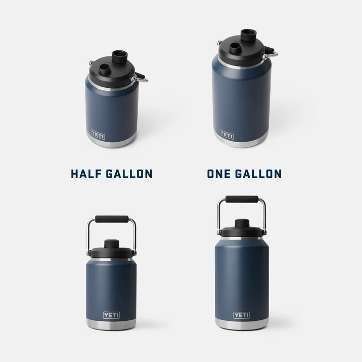 Four navy Yeti Rambler jugs in half gallon and one gallon sizes, shown with and without handles.