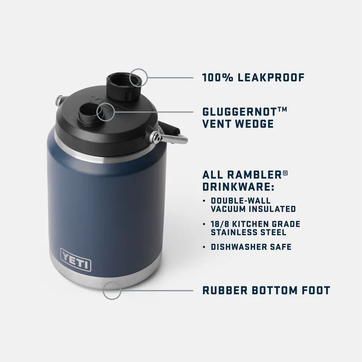 Navy Yeti Rambler Half Gallon Jug with open lid showing leakproof cap and vent wedge features.