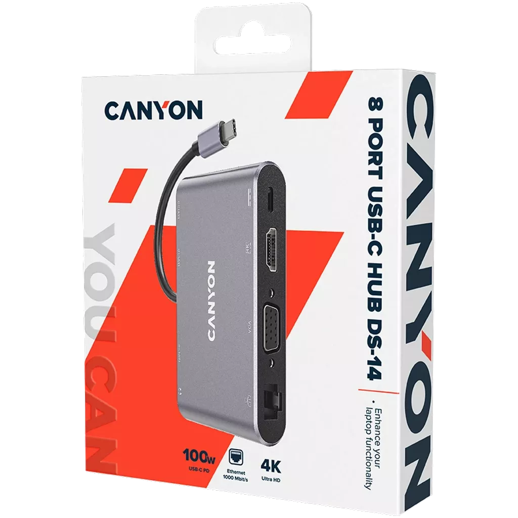 Canyon 8 port USB-C Hub DS-14 with multiple ports for connectivity, available at Keans Claremorris store.