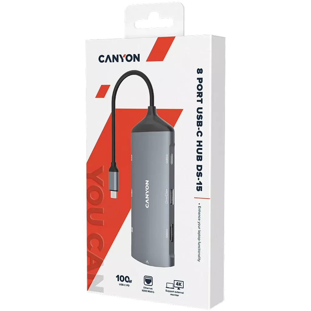 Canyon 8 port USB-C Hub DS-15 with multiple ports for connectivity, available at Keans Claremorris store.
