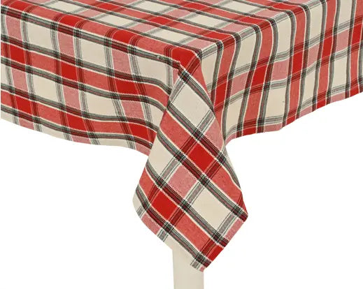 A red, white, and black plaid tablecloth draped over a table corner, shown against a plain white background.