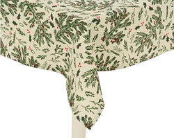 Holly Leaf Christmas Tablecloth – White & Green Rectangular (240cm x 140cm)
