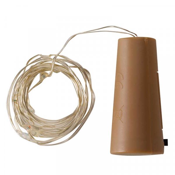 Bottle It! 110cm string lights with brown battery pack and coiled clear wire on white background.