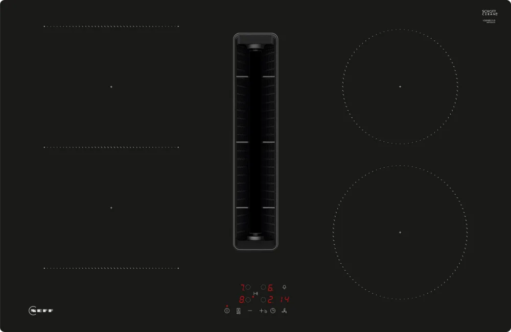 Neff N50 80cm black glass induction hob with integrated downdraft extractor and touch controls
