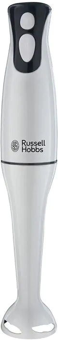Russell Hobbs 200w hand blender in white with black buttons and detachable blending leg visible.