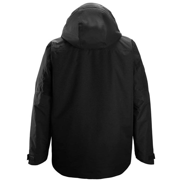 Snickers Insulated Jacket in black shown from the back with hood and long sleeves visible.