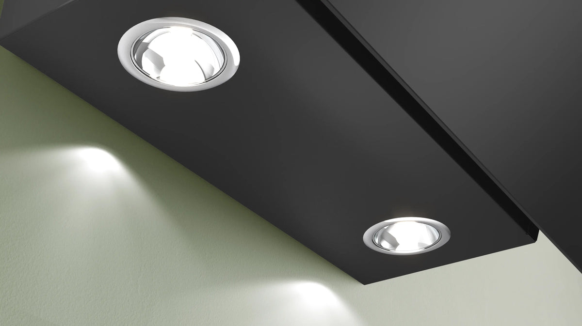 Close-up of Bosch Series 2 black glass cooker hood showing two built-in round LED lights on underside