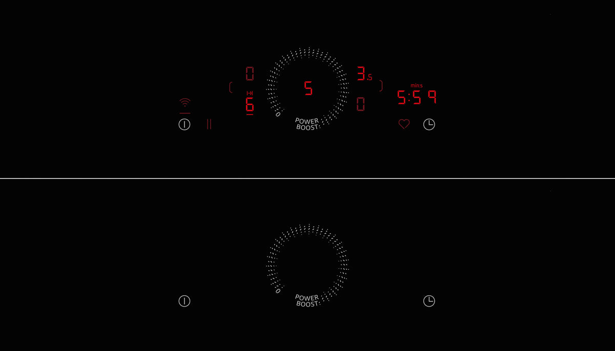Close-up of NEFF N 70 induction hob control panel with digital timer and power boost settings illuminated in red