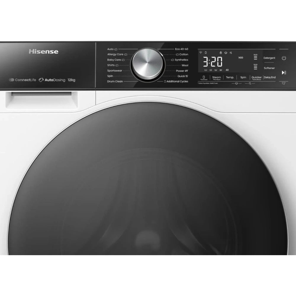 Close-up of Hisense 5S Series washing machine control panel with dial, digital display, and detergent drawer in white.