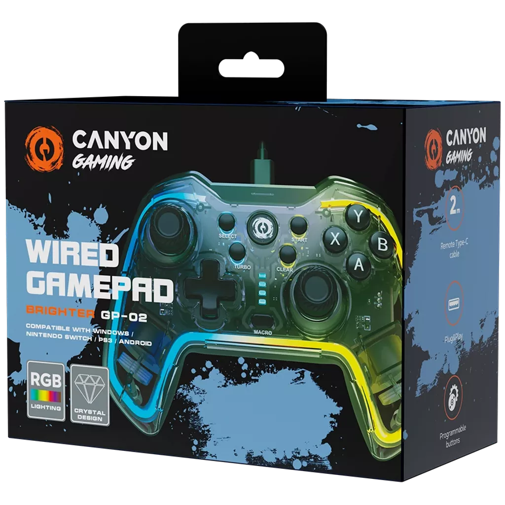 Canyon Wired gamepad Brighter GP-02 in transparent shell with RGB lighting shown on black packaging box.