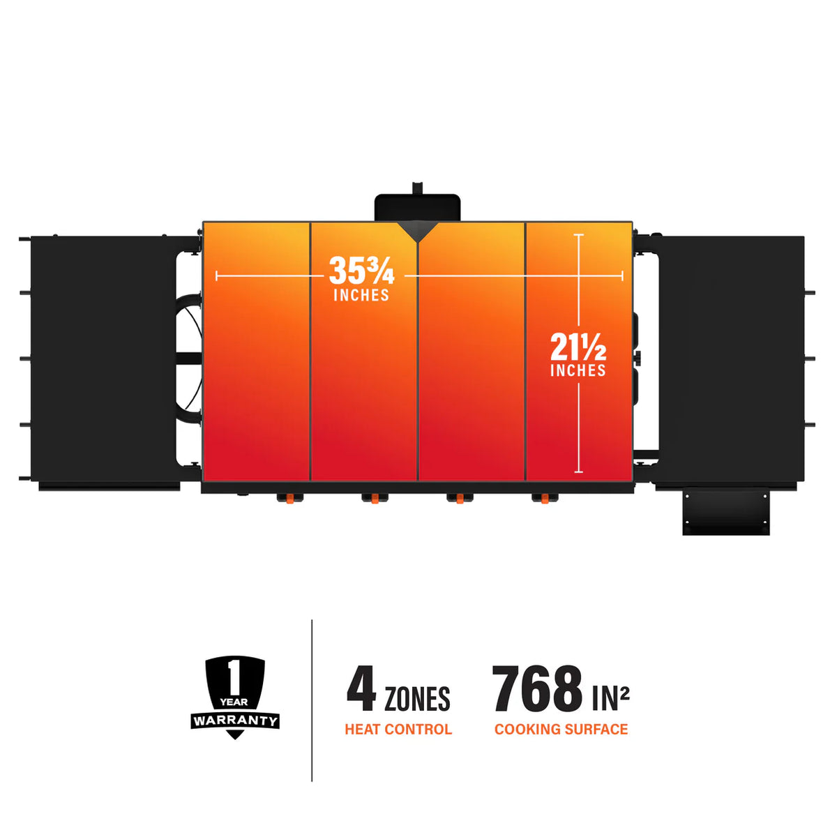 Top view of Blackstone Forged Blackout 36" Griddle with hood showing cooking surface dimensions and heat zones.