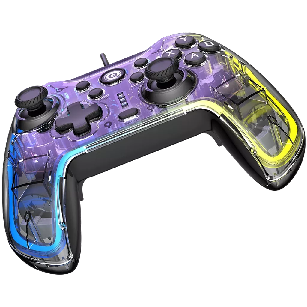 Canyon Wired gamepad Brighter GP-02 with transparent purple shell and blue and yellow LED accents, angled view