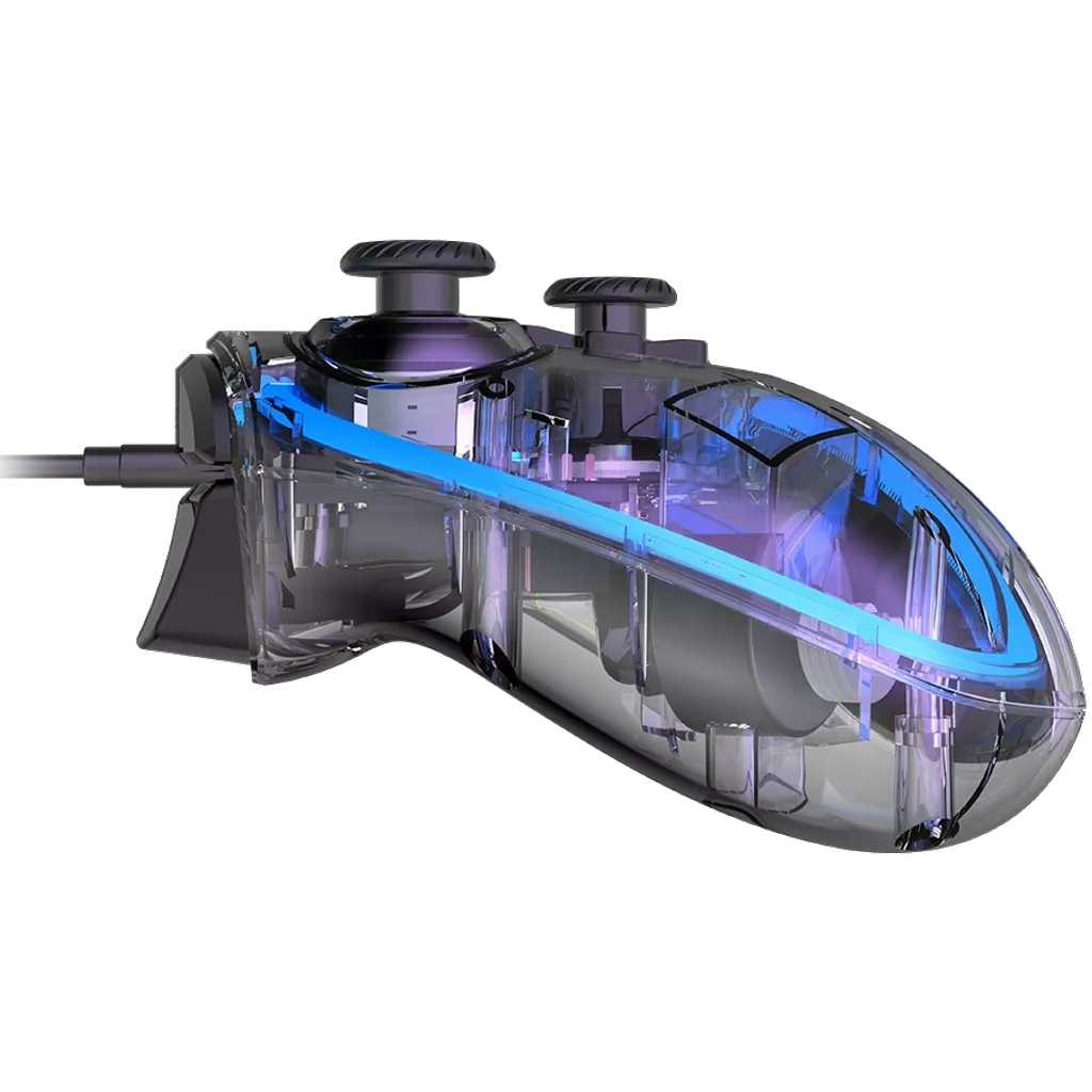 Canyon Wired gamepad Brighter GP-02 showing transparent shell with internal components and blue LED lighting