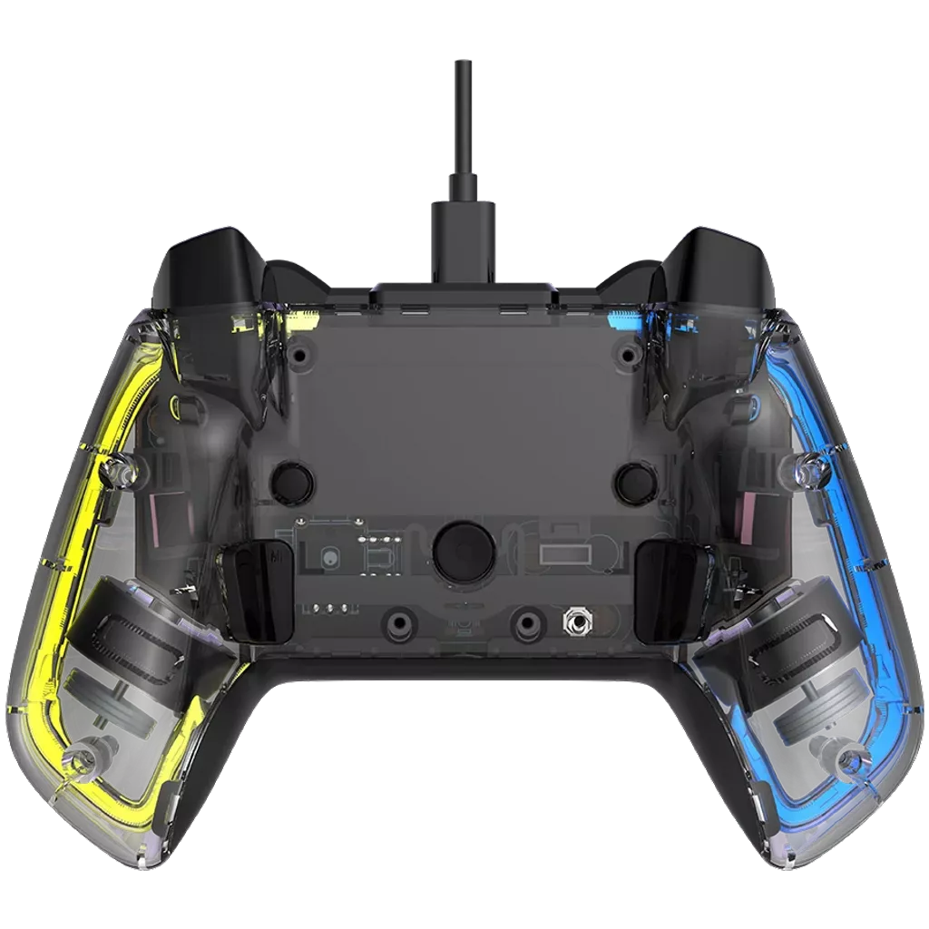 Canyon Wired gamepad Brighter GP-02 shown from the back with transparent casing and yellow and blue LED accents.