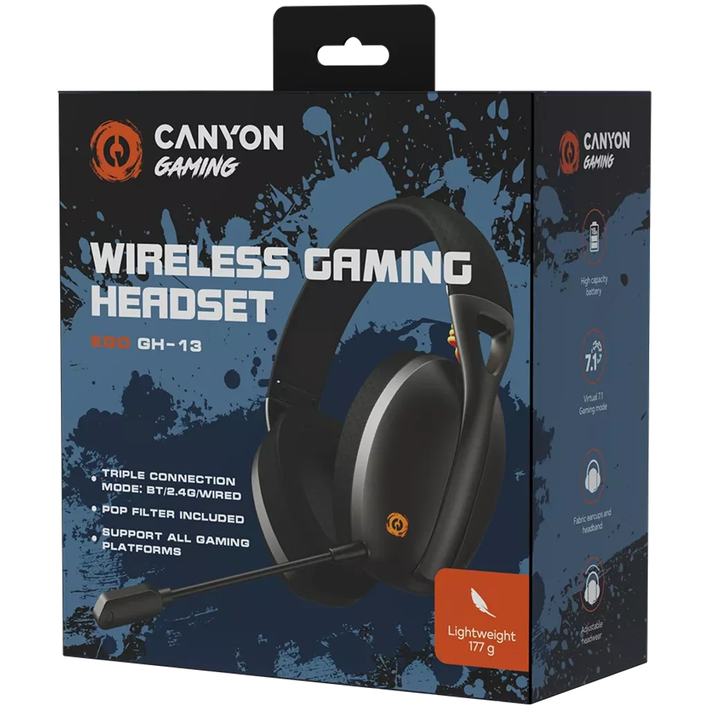 Canyon Gaming Ego GH-13 wireless headset box showing headset with microphone and key features on front and side panels.