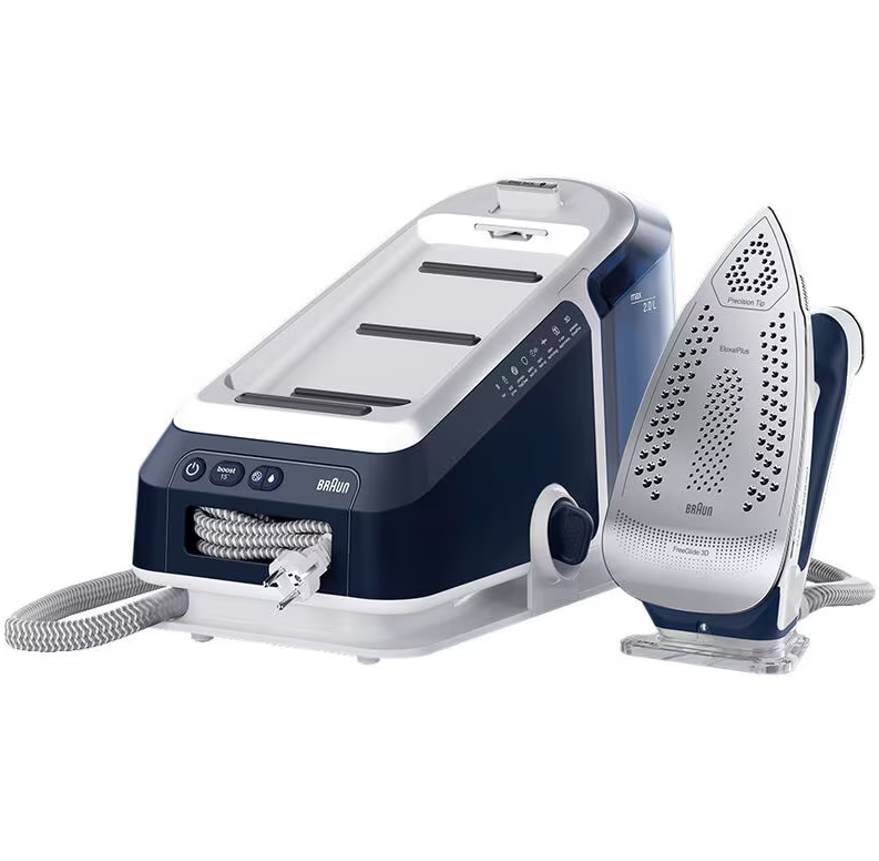 Braun Steam Generator Iron with detachable soleplate and water tank, shown from front and side angles.