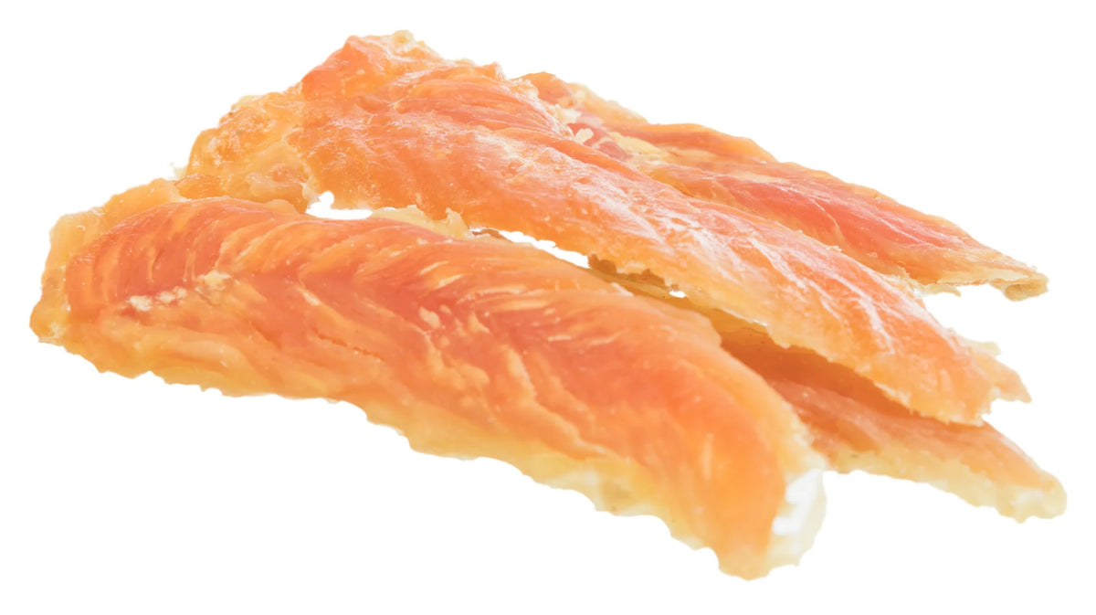 Two pieces of Premio Dog Treat chicken fillets on a white background.
