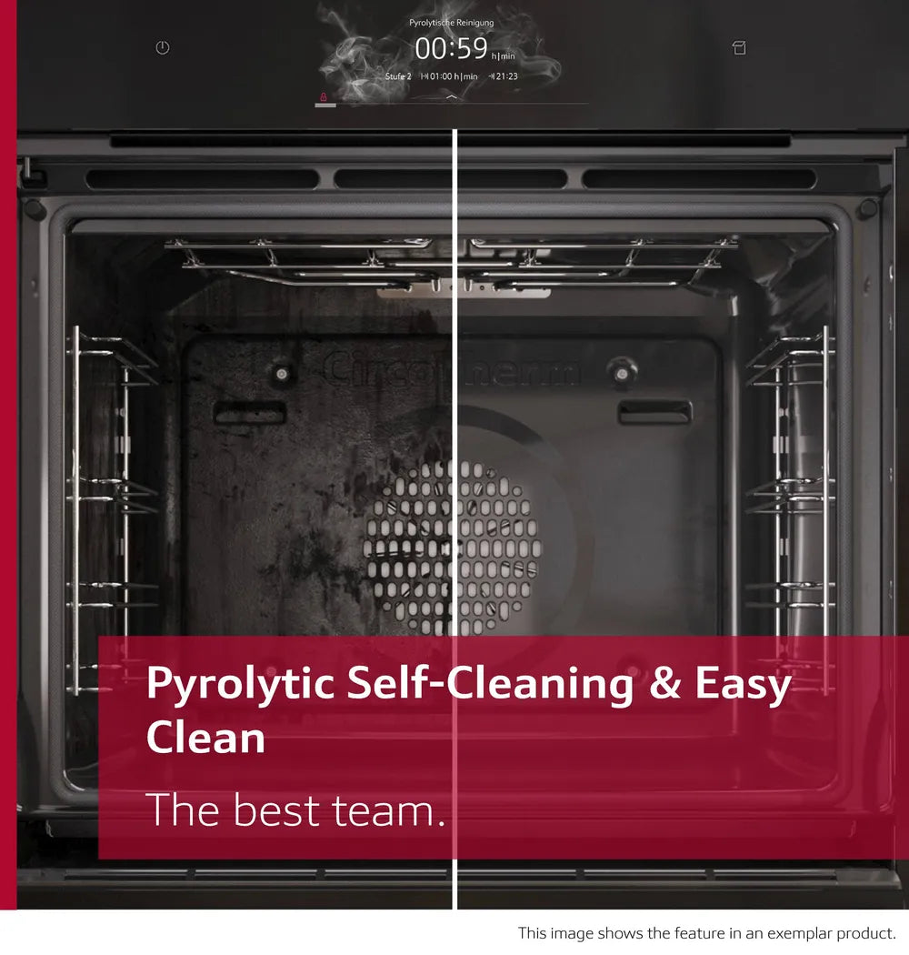 Interior of NEFF N70 Slide&Hide oven showing half dirty and half clean to highlight pyrolytic self-cleaning feature