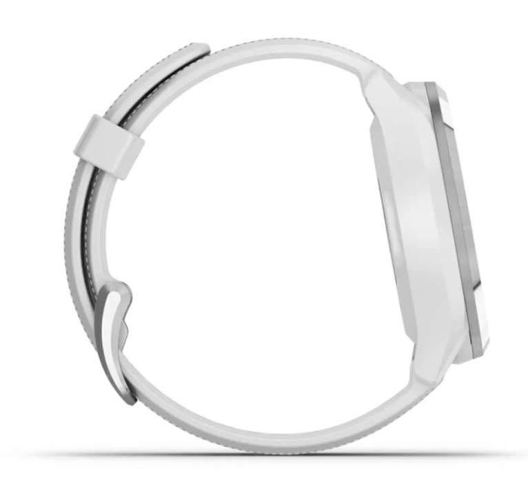 Garmin Approach S42 golf GPS watch in white with stainless steel bezel, side view showing band and buckle.