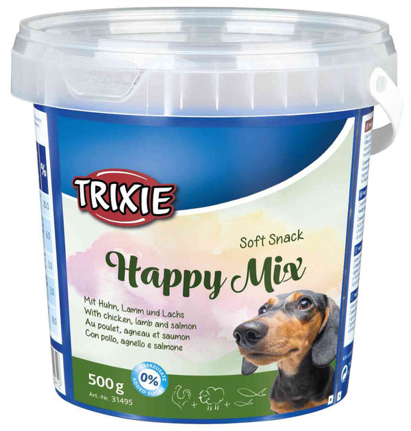 Soft Snack Happy Mix dog treats with chicken, lamb & salmon, soft texture, resealable 500g bucket – Keans Claremorris.