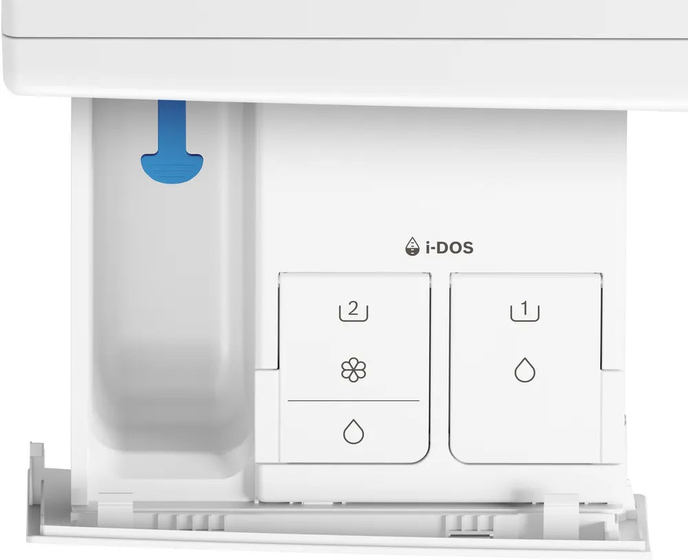 Close-up of Bosch Series 8 washing machine detergent drawer with i-DOS automatic dosing system.