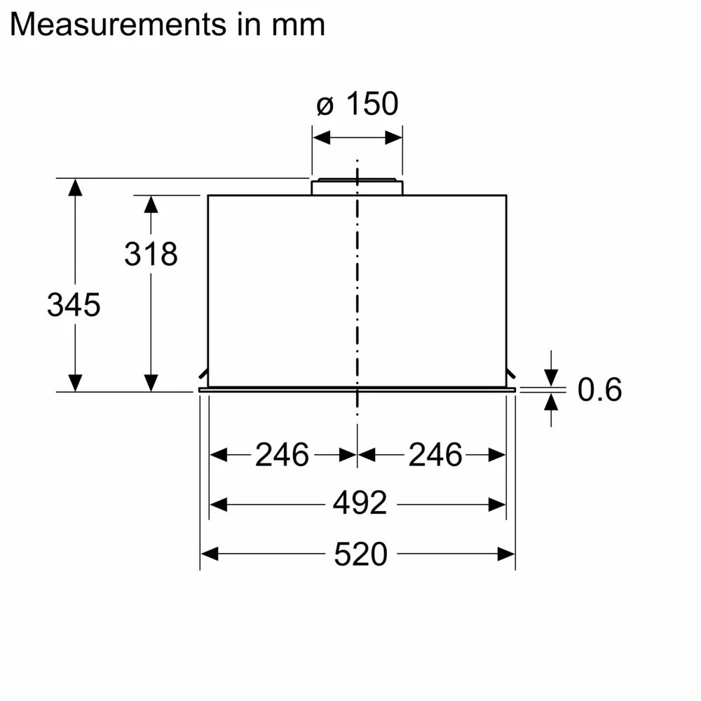 Front technical drawing of Bosch Series 6 canopy cooker hood showing dimensions in millimeters.