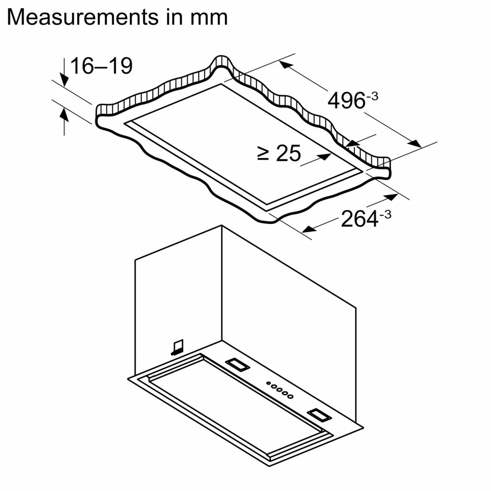 Technical drawing showing dimensions and installation measurements for Bosch Series 6 52cm canopy cooker hood.