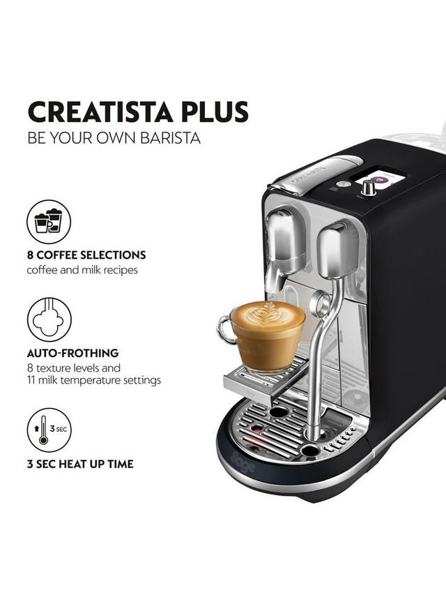 Sage The Creatista Plus Nespresso Pod Machine in black with a cappuccino and frothing wand visible