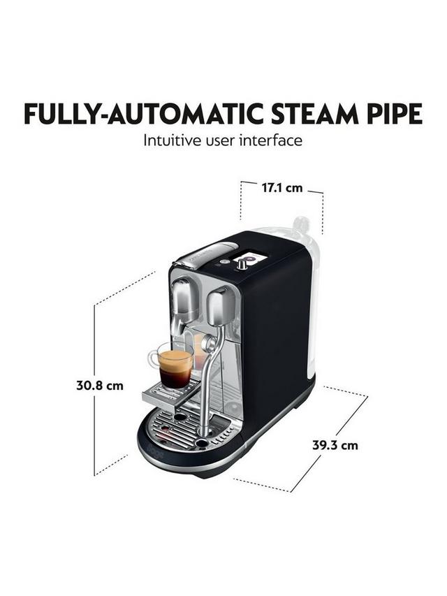Sage The Creatista Plus Nespresso Pod Machine in black with espresso cup and steam pipe, shown with dimensions.