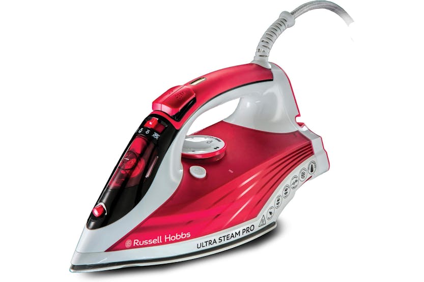 Russell Hobbs Glide Steam Iron in red and white with ergonomic handle and control dial visible from side angle.