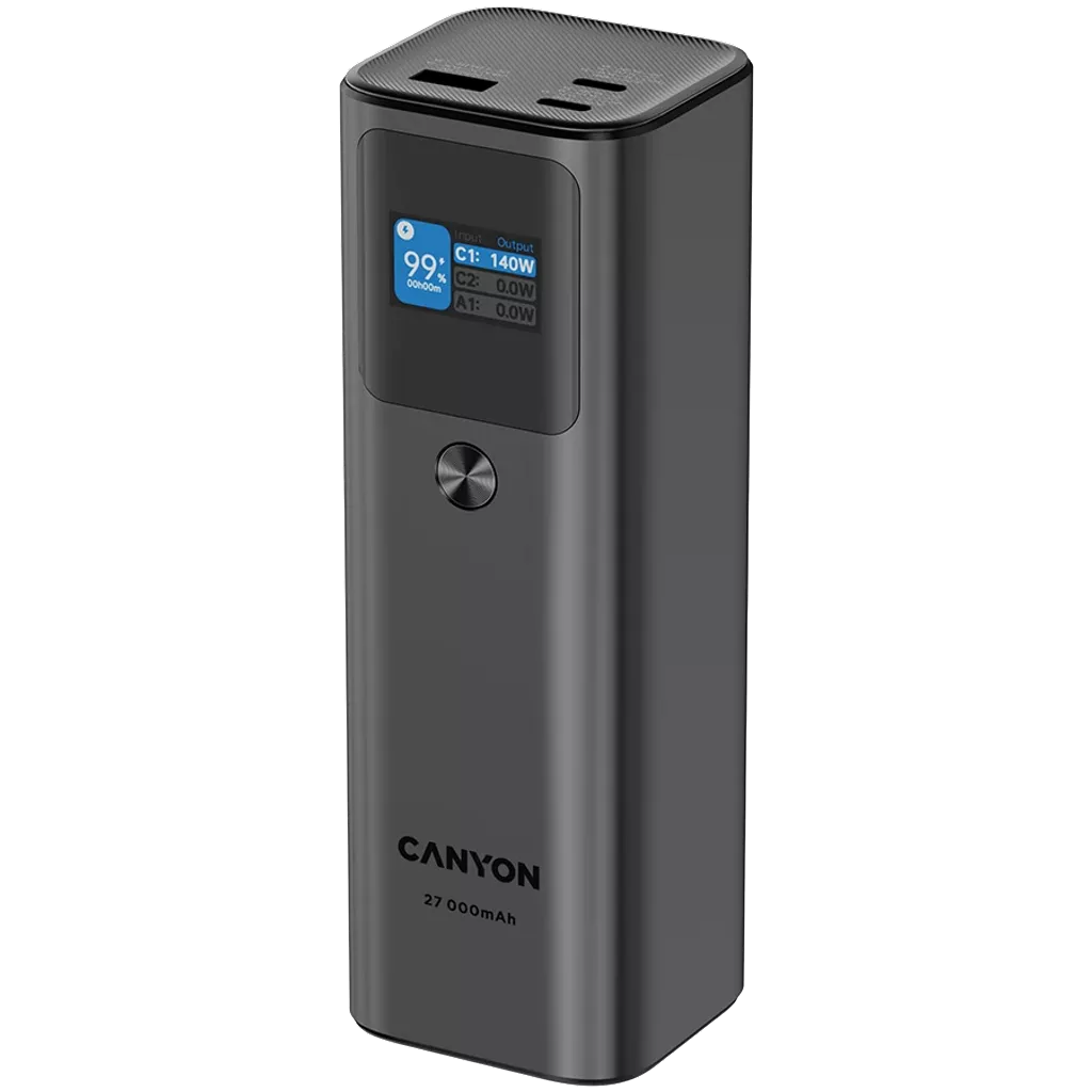 Canyon Power bank PB-2010 in dark gray with digital display showing 99% charge and 140W output.