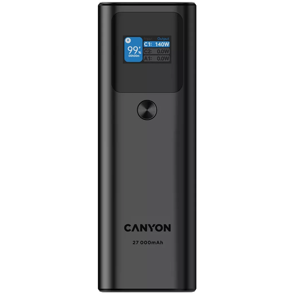 Canyon Power bank PB-2010 in black with digital display showing 99% charge and 140W output, 27000mAh capacity.