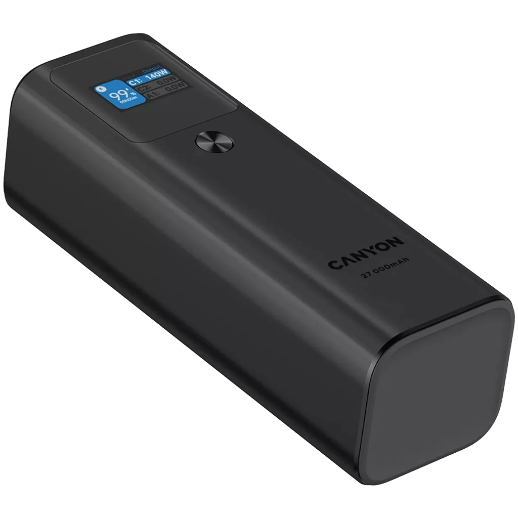 Canyon Power bank PB-2010 in black with digital display showing 99% charge and 27,000 mAh capacity.
