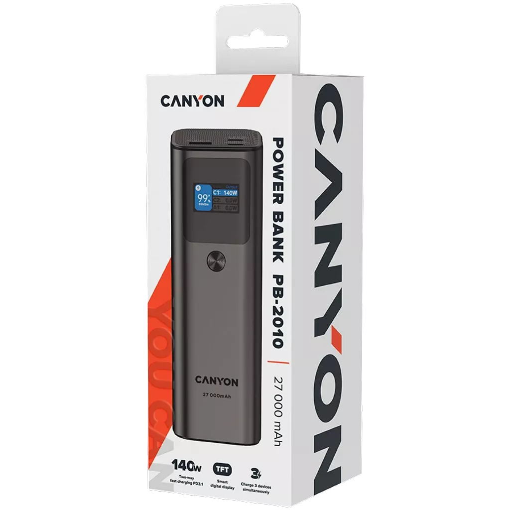 Canyon Power bank PB-2010 packaging showing the power bank with digital display and 27000 mAh capacity.