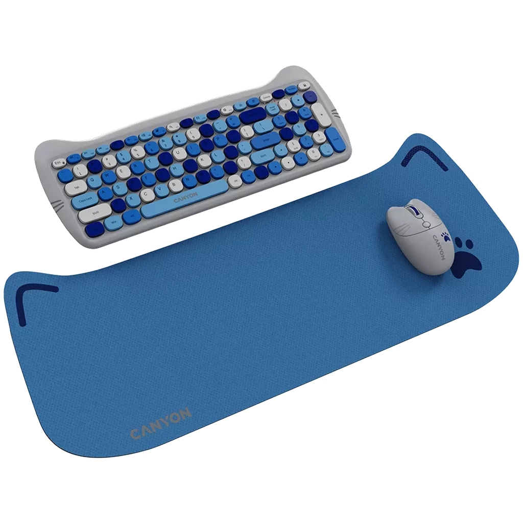 Canyon Wireless combo HSET-W6 Kitty Edition with blue cat-ear keyboard, matching mouse, and extended mouse pad