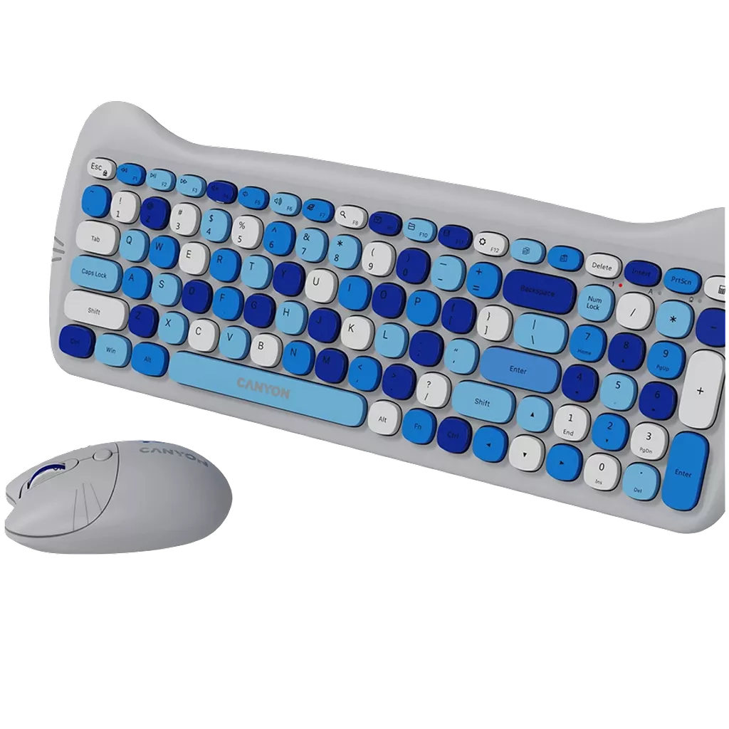 Canyon Wireless combo HSET-W6 Kitty Edition with blue and white rounded keys and matching gray mouse with cat whisker design