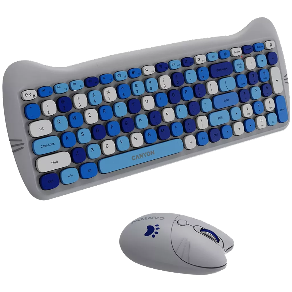 Canyon Wireless combo HSET-W6 Kitty Edition with blue and gray rounded keys and matching mouse with paw print design