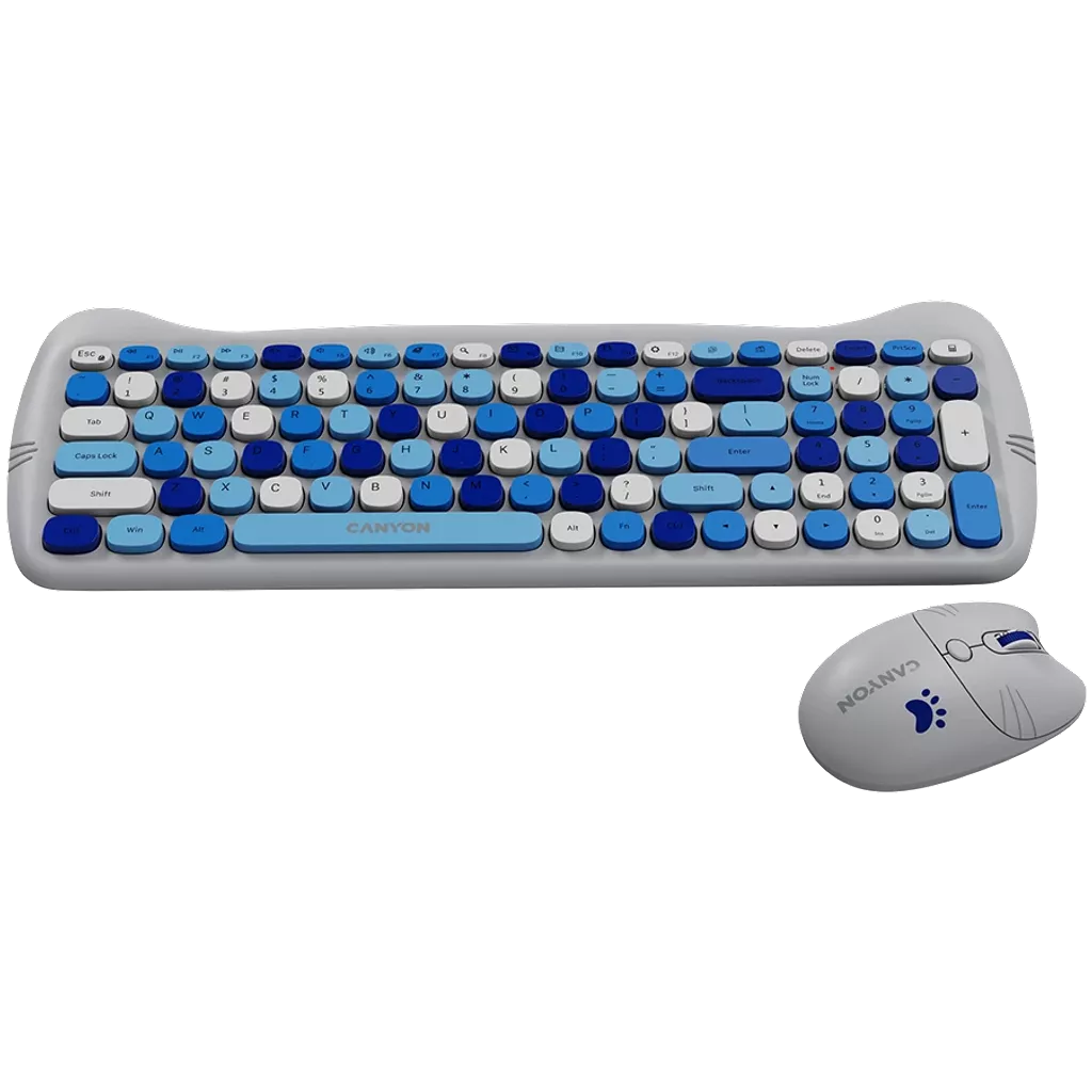 Canyon Wireless combo HSET-W6 Kitty Edition with blue and white rounded keys and matching mouse with paw print design
