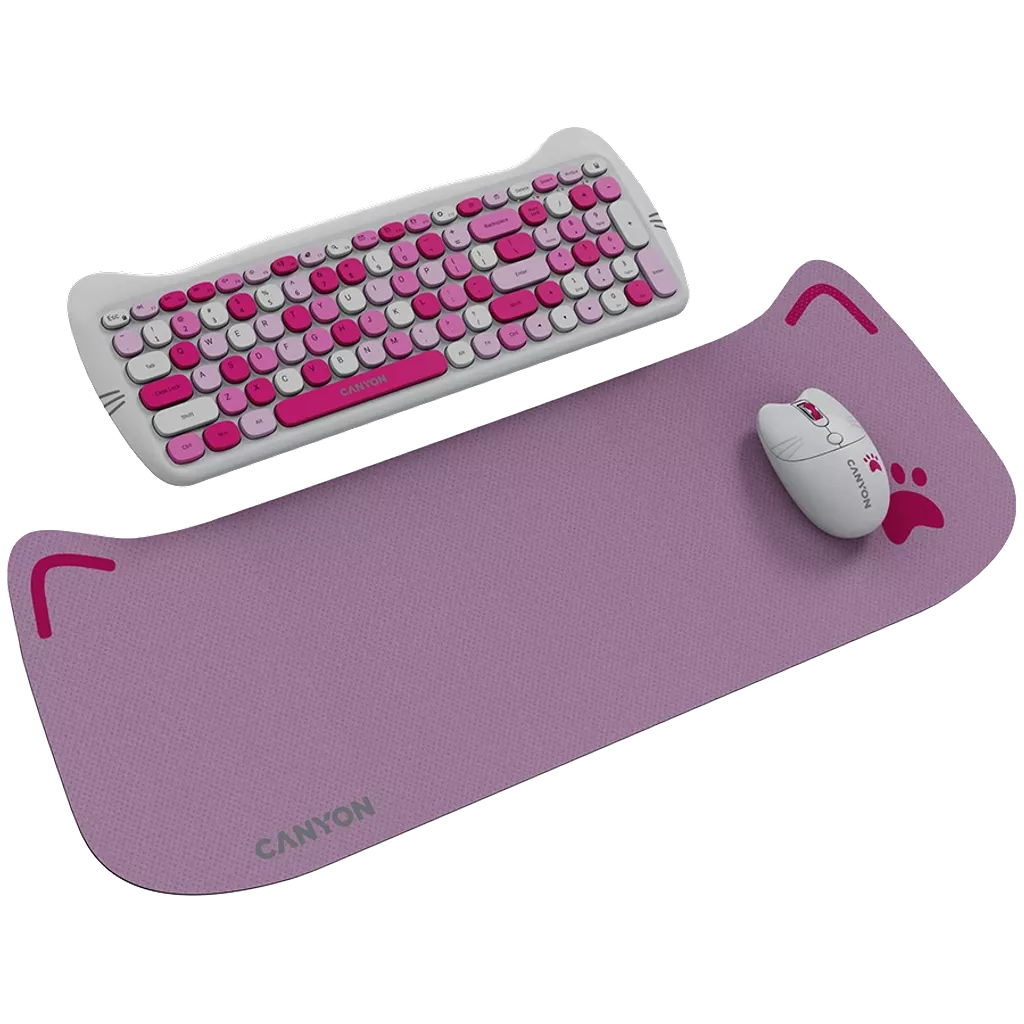 Canyon Wireless combo HSET-W6 Kitty Edition with pink and white keyboard, white mouse, and purple mouse pad with paw print.