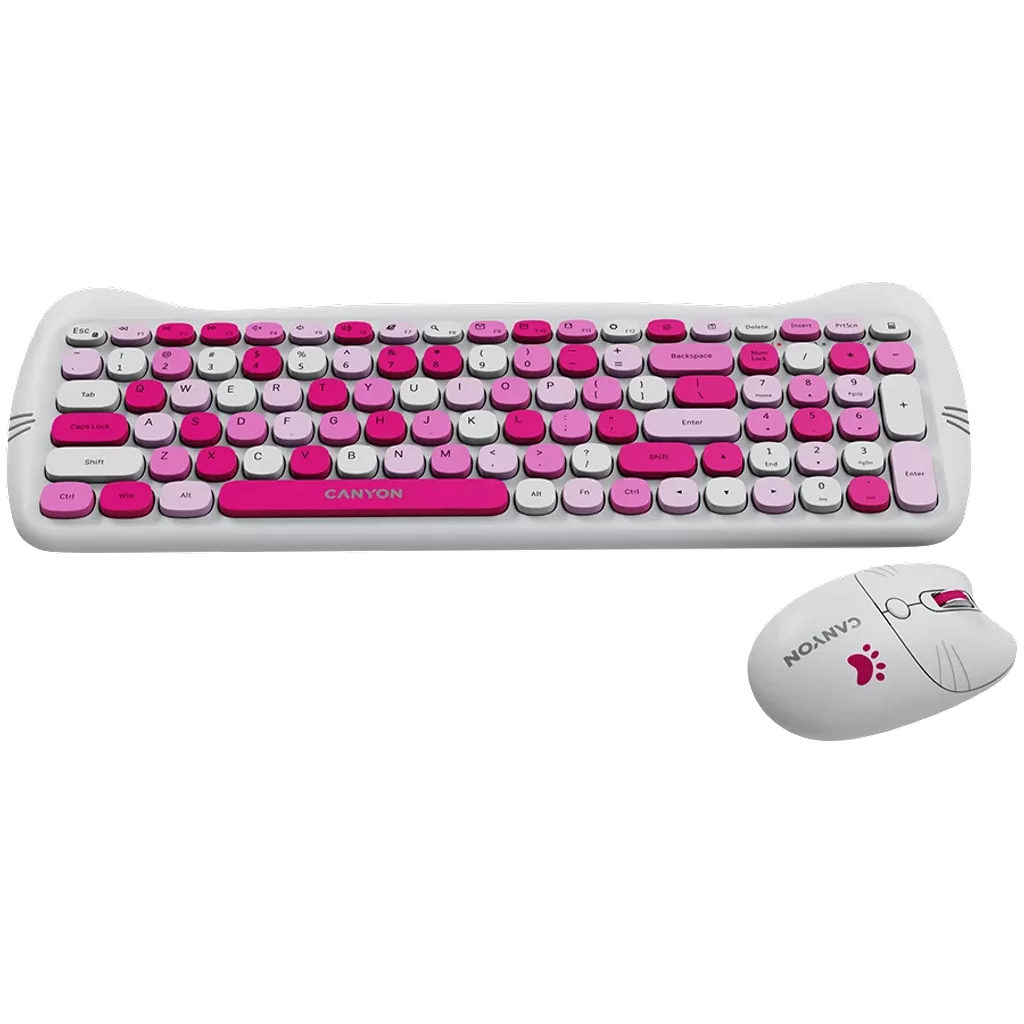 Canyon Wireless combo HSET-W6 Kitty Edition with white, pink, and magenta round keycaps and matching mouse with paw print