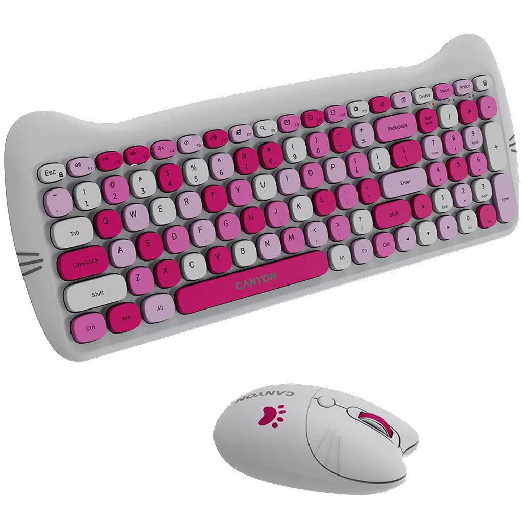 Canyon Wireless combo HSET-W6 Kitty Edition keyboard with pink and gray keys and matching white mouse with paw print design
