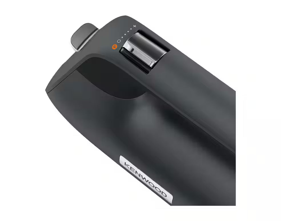 Close-up of the black Kenwood Autograph Hand Mixer QuickMix+ handle with speed control dial and logo.