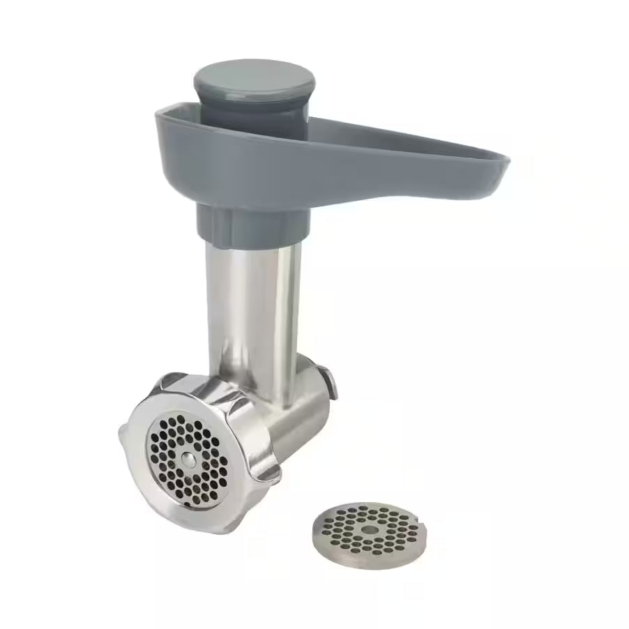 Kenwood Planetary Mixer Grinder mincing attachment with gray plastic handle and extra grinding plate.